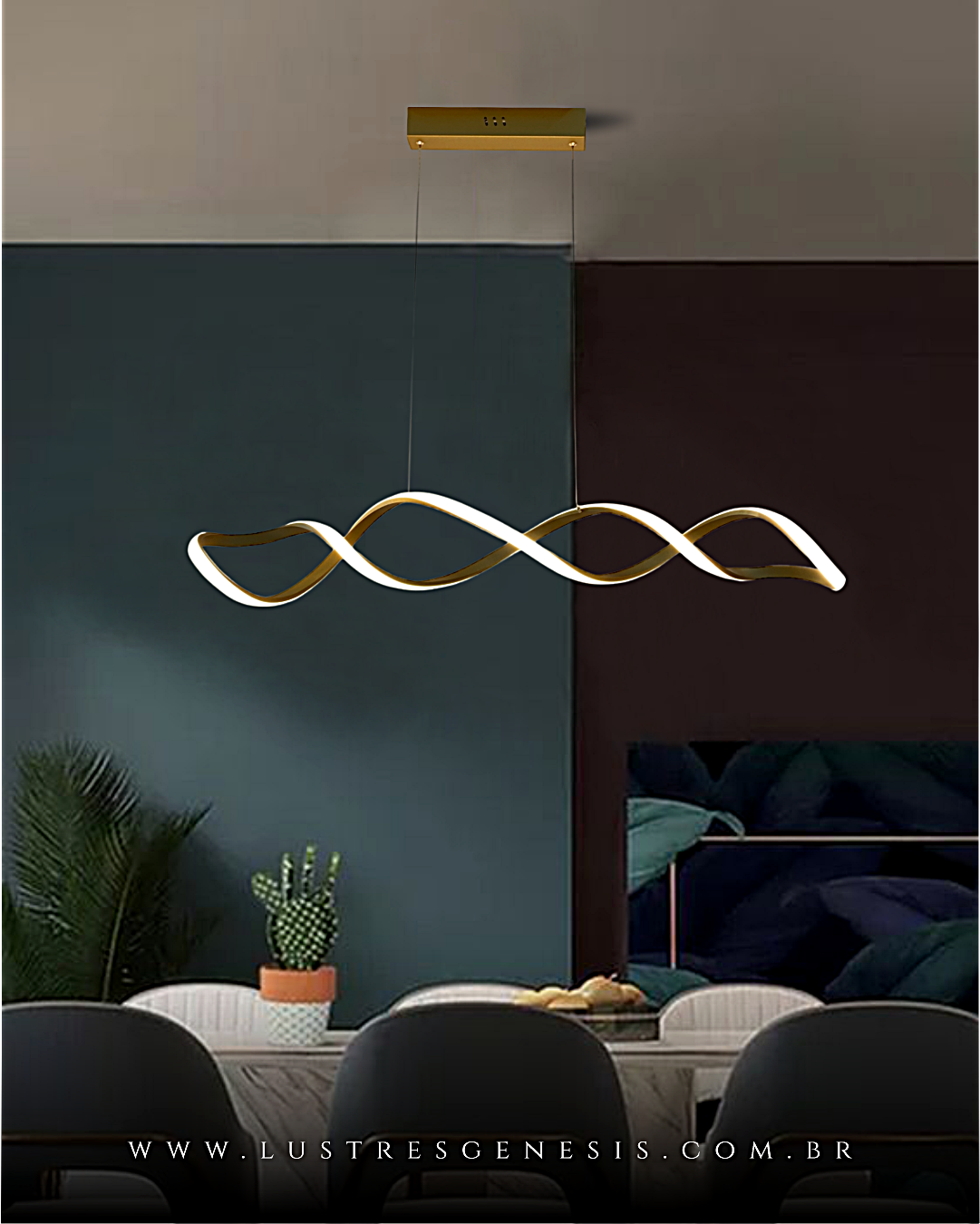 Lustre pendente de LED moderno DNA dourado para sala de jantar, quartos, sala de estar e escritórios. Lustres Gênesis loja online de Lustres e Iluminação Decorativa